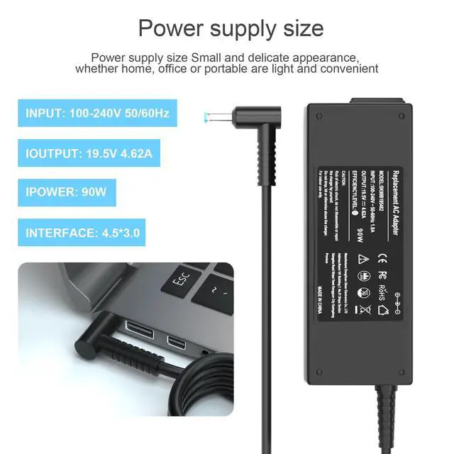Alt view image 3 of 7 - Zosam 90W 19.5V 4.62A AC Adapter Compatible with HP Envy Laptop Charger | Replacement 710412-001 740015-001 710413-001, Envy Touchsmart M6 M7 15-j 17-j Series/Pavilion 11 14 15 17 Power Cord