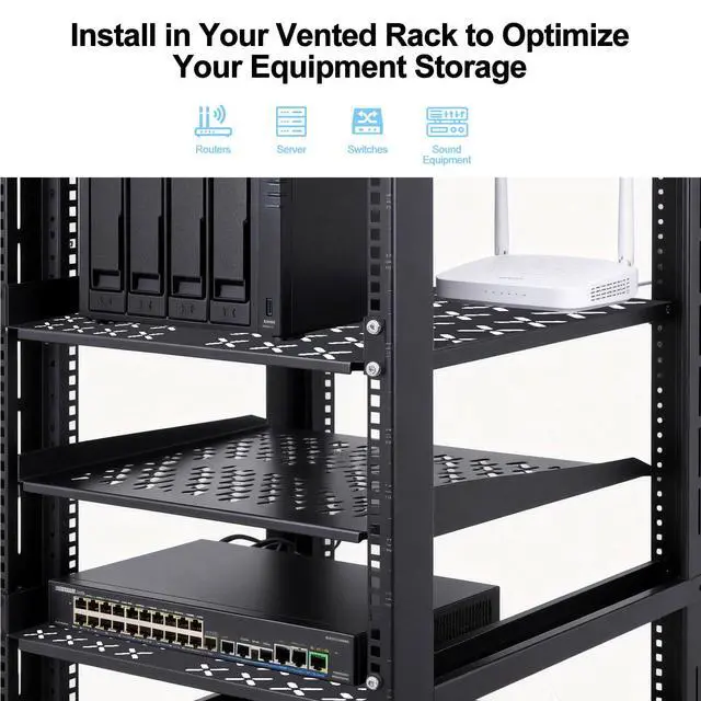 Alt view image 5 of 6 - YuPinDiZu 1U Server Rack Shelf - Universal 1u Shelf Vented Rack Mount Cantilever Tray for 19" Network Equipment Rack & Cabinet - 14 Inches Depth -Set of 2