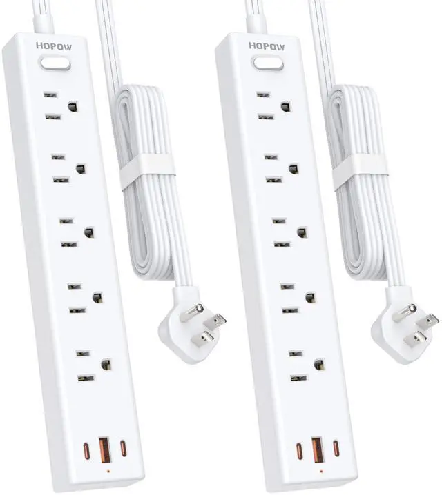 Main image of 2 Pack Surge Protector Power Strip, 5AC&1A2C, 6FT Flat Plug Extension Cord | HOPOW Flat Power Strip, 1700J, 0.33in Ultra Thin Plug, 1250W/10A, Wide Spaced, Mountable for Home Office, White