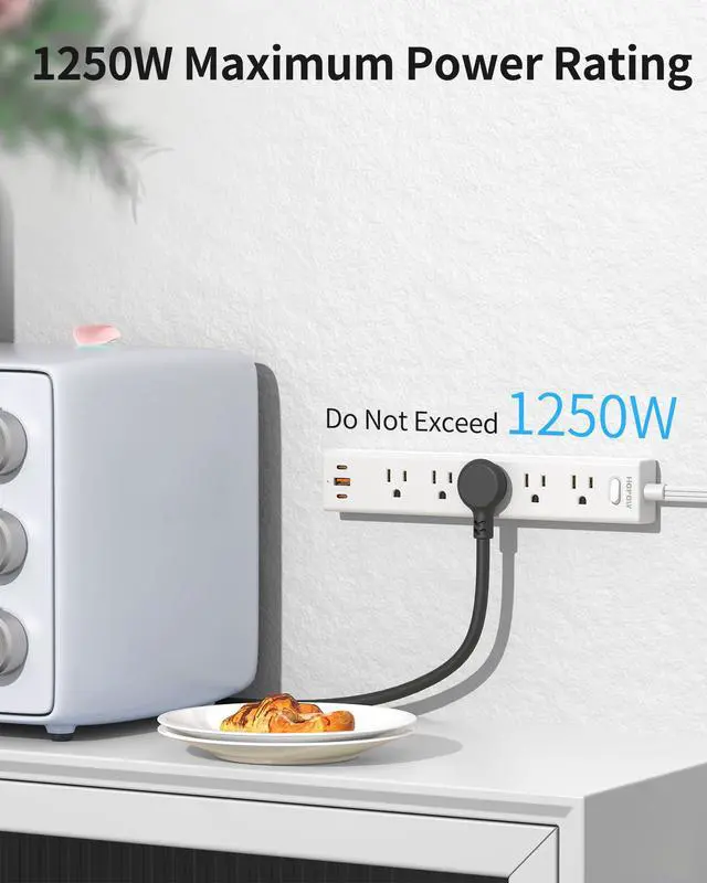 Alt view image 2 of 7 - 2 Pack Surge Protector Power Strip, 5AC&1A2C, 6FT Flat Plug Extension Cord | HOPOW Flat Power Strip, 1700J, 0.33in Ultra Thin Plug, 1250W/10A, Wide Spaced, Mountable for Home Office, White