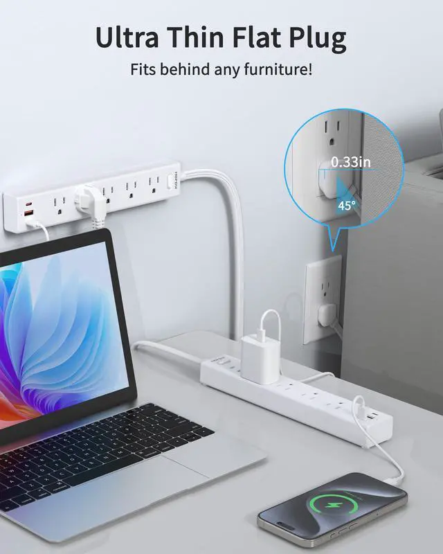 Alt view image 4 of 7 - 2 Pack Surge Protector Power Strip, 5AC&1A2C, 6FT Flat Plug Extension Cord | HOPOW Flat Power Strip, 1700J, 0.33in Ultra Thin Plug, 1250W/10A, Wide Spaced, Mountable for Home Office, White