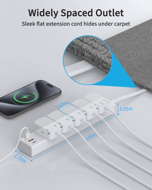 Alt view image 5 of 7 - 2 Pack Surge Protector Power Strip, 5AC&1A2C, 6FT Flat Plug Extension Cord | HOPOW Flat Power Strip, 1700J, 0.33in Ultra Thin Plug, 1250W/10A, Wide Spaced, Mountable for Home Office, White