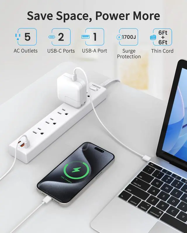 Alt view image 3 of 7 - 2 Pack Surge Protector Power Strip, 5AC&1A2C, 6FT Flat Plug Extension Cord | HOPOW Flat Power Strip, 1700J, 0.33in Ultra Thin Plug, 1250W/10A, Wide Spaced, Mountable for Home Office, White