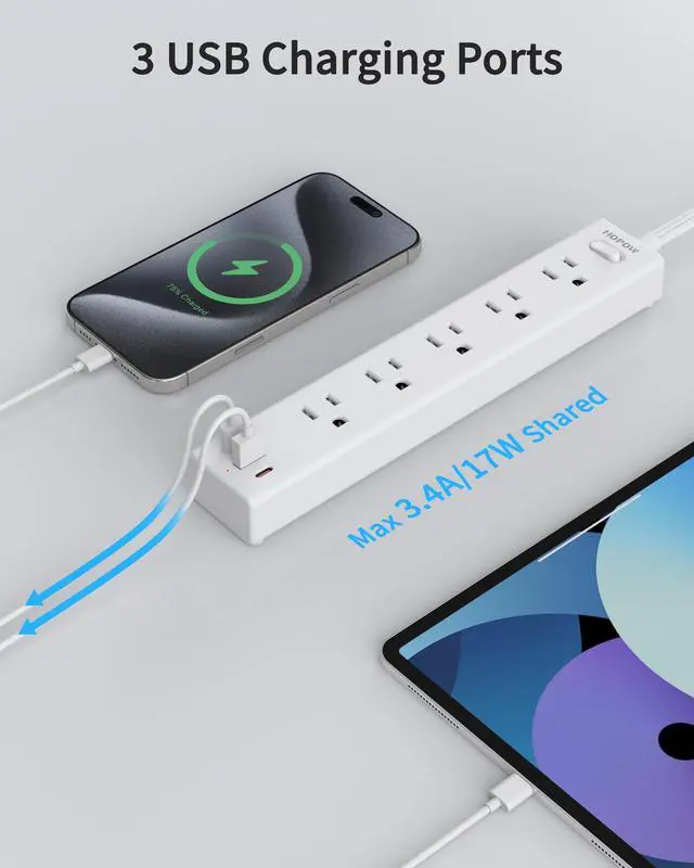 Alt view image 6 of 7 - 2 Pack Surge Protector Power Strip, 5AC&1A2C, 6FT Flat Plug Extension Cord | HOPOW Flat Power Strip, 1700J, 0.33in Ultra Thin Plug, 1250W/10A, Wide Spaced, Mountable for Home Office, White