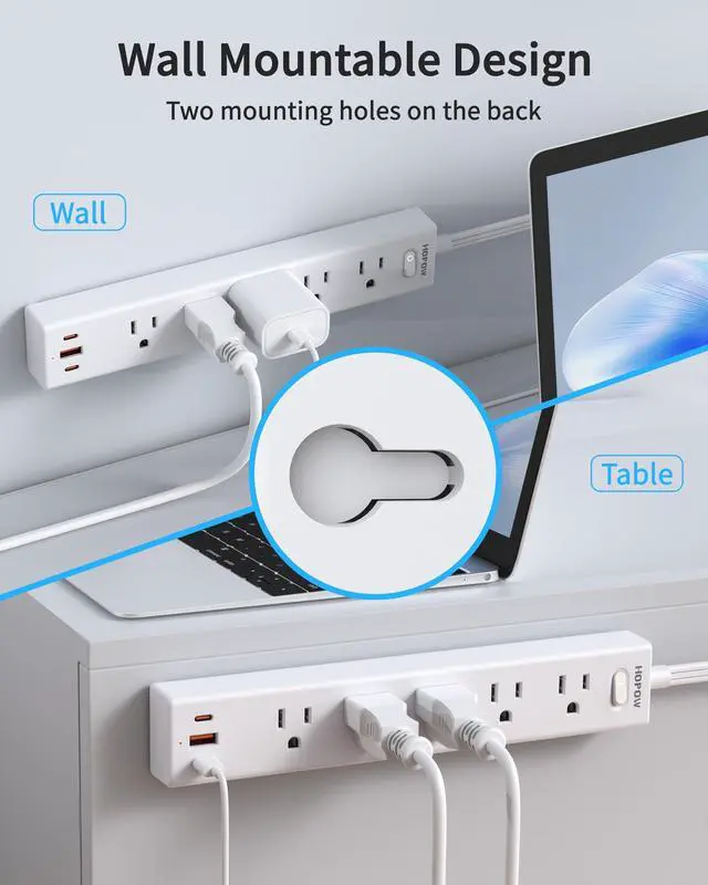 Alt view image 7 of 7 - 2 Pack Surge Protector Power Strip, 5AC&1A2C, 6FT Flat Plug Extension Cord | HOPOW Flat Power Strip, 1700J, 0.33in Ultra Thin Plug, 1250W/10A, Wide Spaced, Mountable for Home Office, White