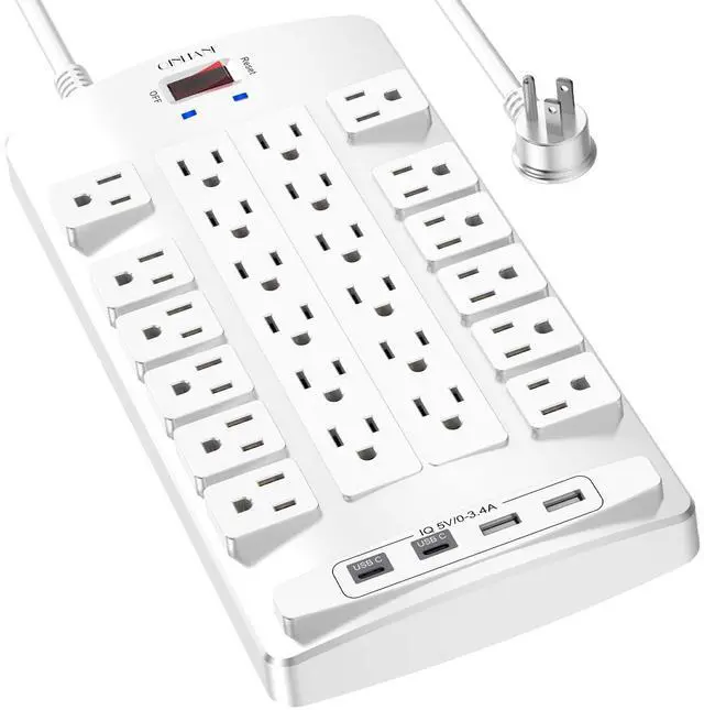 Main image of QINLIANF Surge Protector Power Strip - 6Ft Flat Plug Heavy Duty Extension Cord with 24 Outlets and 4 USB Ports(2 USB-C Ports), 4100J, for Home, Office, Dorm, ETL Listed, White