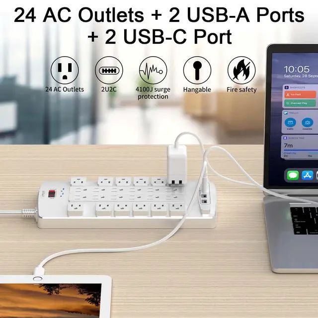Alt view image 2 of 7 - QINLIANF Surge Protector Power Strip - 6Ft Flat Plug Heavy Duty Extension Cord with 24 Outlets and 4 USB Ports(2 USB-C Ports), 4100J, for Home, Office, Dorm, ETL Listed, White