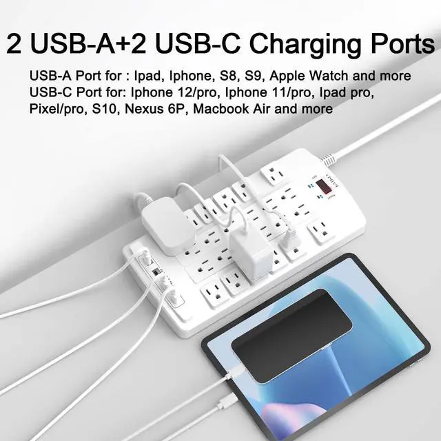 Alt view image 3 of 7 - QINLIANF Surge Protector Power Strip - 6Ft Flat Plug Heavy Duty Extension Cord with 24 Outlets and 4 USB Ports(2 USB-C Ports), 4100J, for Home, Office, Dorm, ETL Listed, White