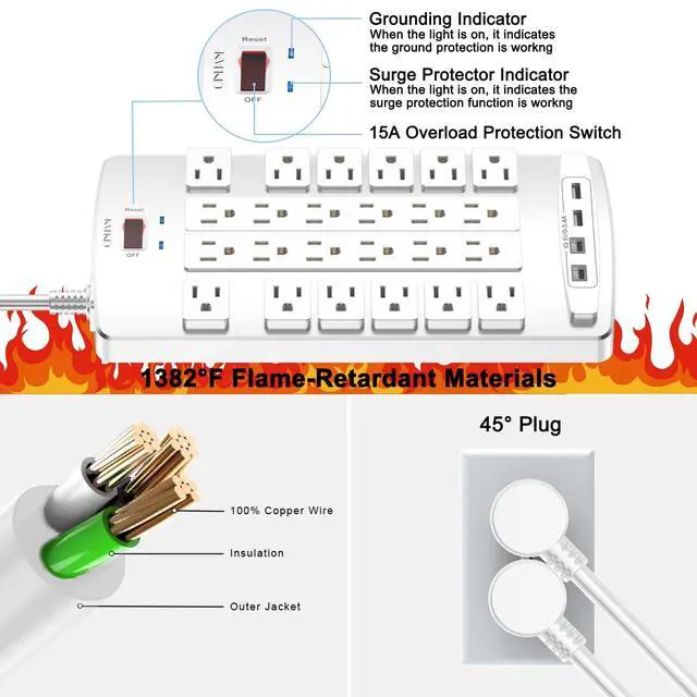 Alt view image 6 of 7 - QINLIANF Surge Protector Power Strip - 6Ft Flat Plug Heavy Duty Extension Cord with 24 Outlets and 4 USB Ports(2 USB-C Ports), 4100J, for Home, Office, Dorm, ETL Listed, White
