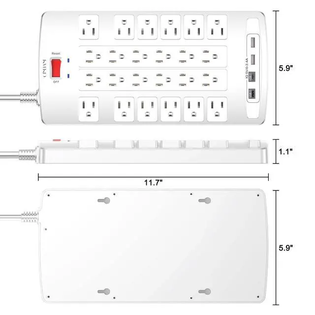 Alt view image 7 of 7 - QINLIANF Surge Protector Power Strip - 6Ft Flat Plug Heavy Duty Extension Cord with 24 Outlets and 4 USB Ports(2 USB-C Ports), 4100J, for Home, Office, Dorm, ETL Listed, White