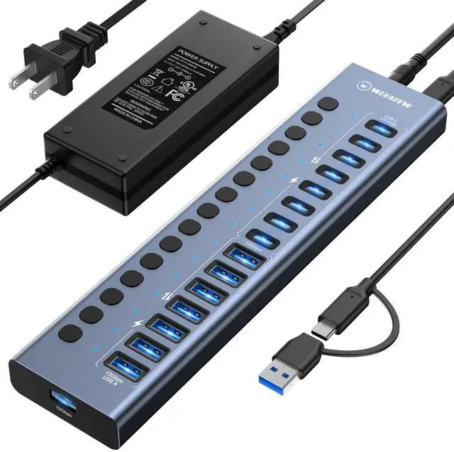 Main image of WEEAEEW Powered USB 3.2 Hub, 16 Port USB Hub with 10Gbps Data Speed, 8 USB-A & 8 USB-C Ports, 96W Power Adapter for PC, Laptop, Printer, Camera