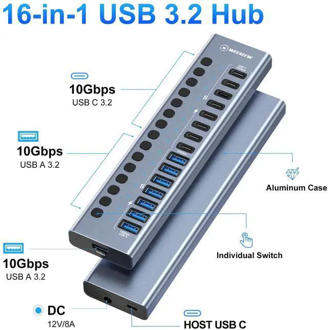 Alt view image 2 of 7 - WEEAEEW Powered USB 3.2 Hub, 16 Port USB Hub with 10Gbps Data Speed, 8 USB-A & 8 USB-C Ports, 96W Power Adapter for PC, Laptop, Printer, Camera