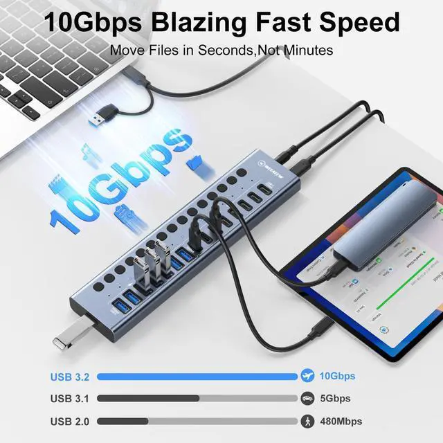 Alt view image 3 of 7 - WEEAEEW Powered USB 3.2 Hub, 16 Port USB Hub with 10Gbps Data Speed, 8 USB-A & 8 USB-C Ports, 96W Power Adapter for PC, Laptop, Printer, Camera