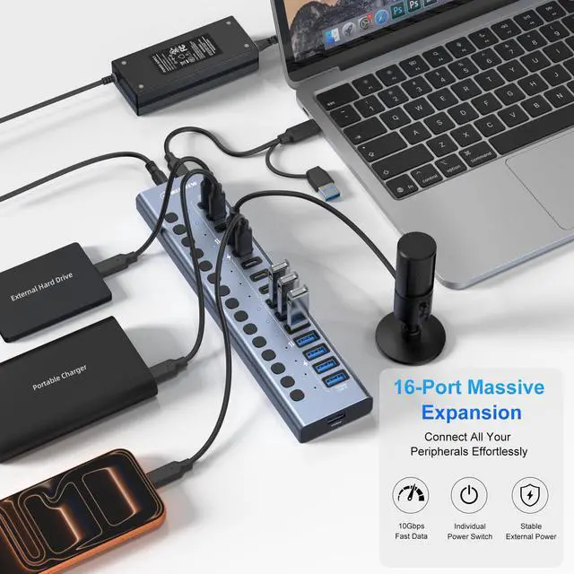 Alt view image 5 of 7 - WEEAEEW Powered USB 3.2 Hub, 16 Port USB Hub with 10Gbps Data Speed, 8 USB-A & 8 USB-C Ports, 96W Power Adapter for PC, Laptop, Printer, Camera