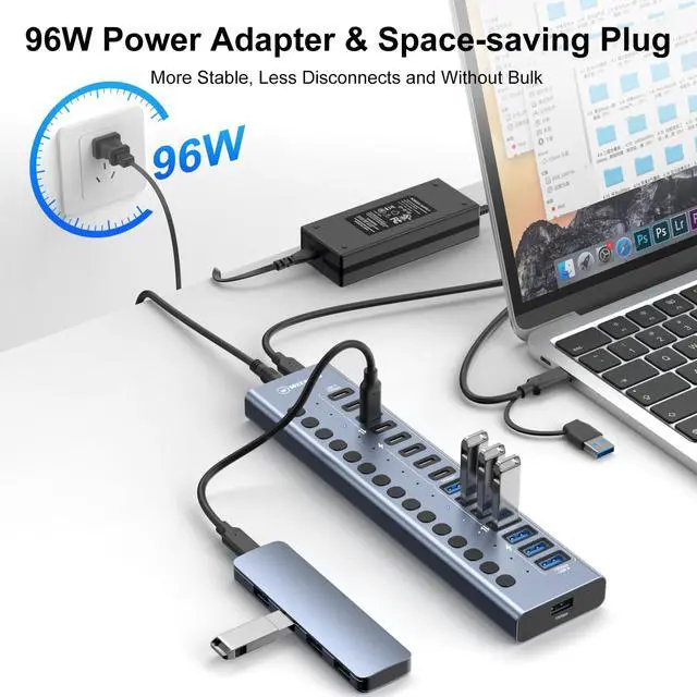Alt view image 4 of 7 - WEEAEEW Powered USB 3.2 Hub, 16 Port USB Hub with 10Gbps Data Speed, 8 USB-A & 8 USB-C Ports, 96W Power Adapter for PC, Laptop, Printer, Camera