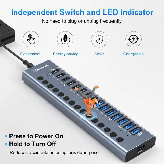 Alt view image 7 of 7 - WEEAEEW Powered USB 3.2 Hub, 16 Port USB Hub with 10Gbps Data Speed, 8 USB-A & 8 USB-C Ports, 96W Power Adapter for PC, Laptop, Printer, Camera