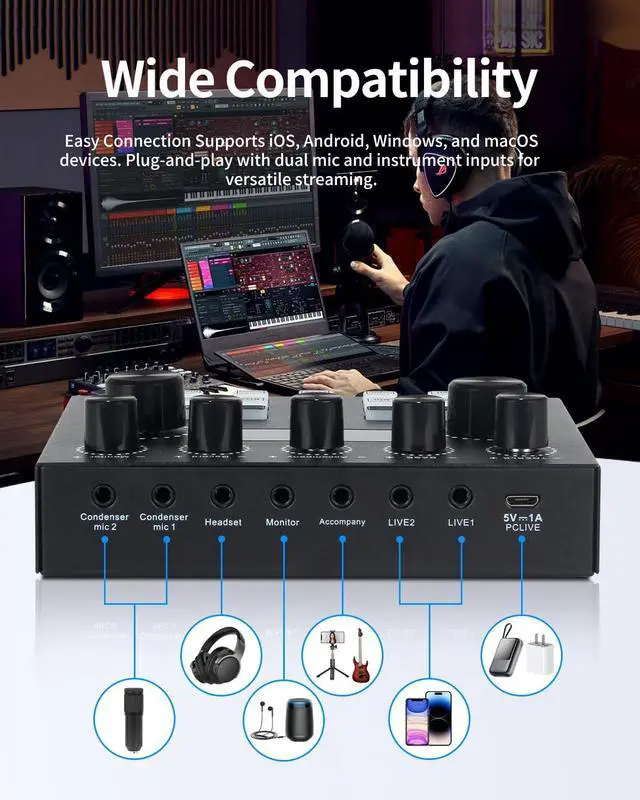 Alt view image 3 of 7 - J.I.Y Podcast Equipment Bundle for 1, Studio Recording Kit with Condenser Mics, Bluetooth Sound Card, DSP Effects, Real-Time Monitoring, Plug & Play for Streaming, Singing, Gaming, (Black, 2 Packs)