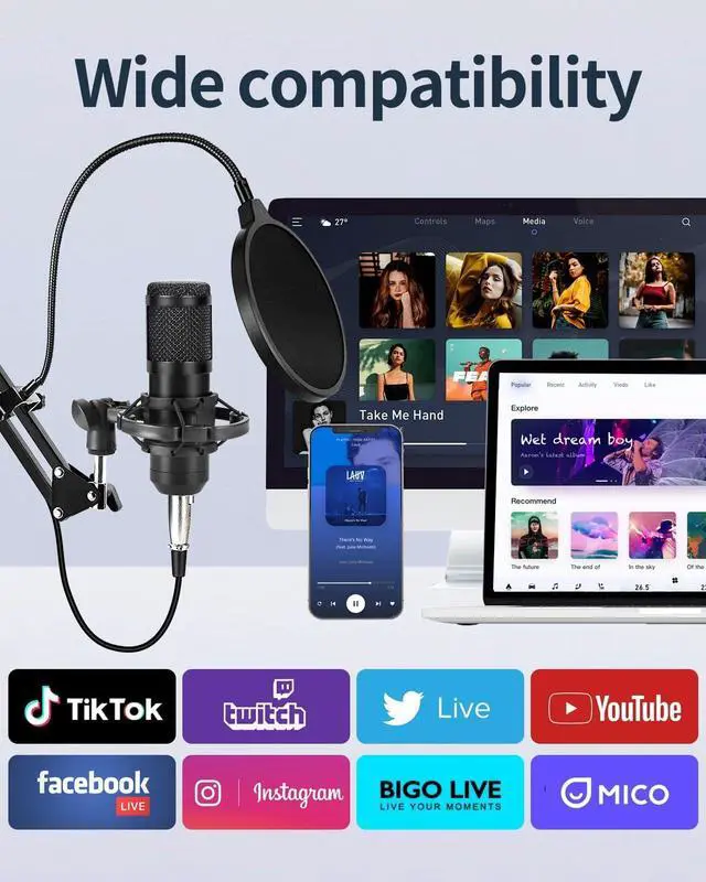 Alt view image 2 of 7 - J.I.Y Podcast Equipment Bundle for 1, Studio Recording Kit with Condenser Mics, Bluetooth Sound Card, DSP Effects, Real-Time Monitoring, Plug & Play for Streaming, Singing, Gaming, (Black, 2 Packs)