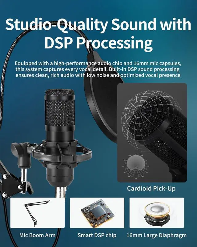 Alt view image 4 of 7 - J.I.Y Podcast Equipment Bundle for 1, Studio Recording Kit with Condenser Mics, Bluetooth Sound Card, DSP Effects, Real-Time Monitoring, Plug & Play for Streaming, Singing, Gaming, (Black, 2 Packs)