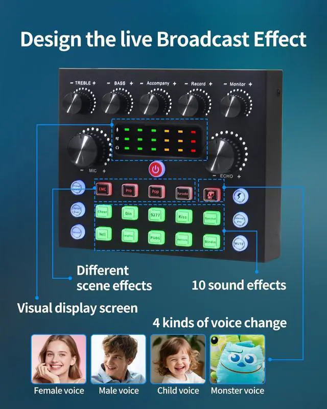 Alt view image 5 of 7 - J.I.Y Podcast Equipment Bundle for 1, Studio Recording Kit with Condenser Mics, Bluetooth Sound Card, DSP Effects, Real-Time Monitoring, Plug & Play for Streaming, Singing, Gaming, (Black, 2 Packs)