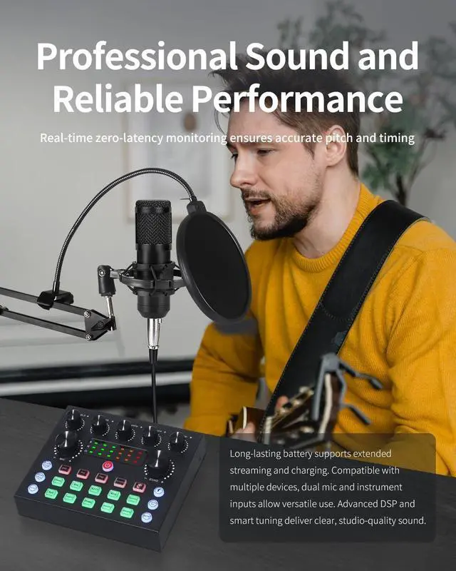 Alt view image 6 of 7 - J.I.Y Podcast Equipment Bundle for 1, Studio Recording Kit with Condenser Mics, Bluetooth Sound Card, DSP Effects, Real-Time Monitoring, Plug & Play for Streaming, Singing, Gaming, (Black, 2 Packs)