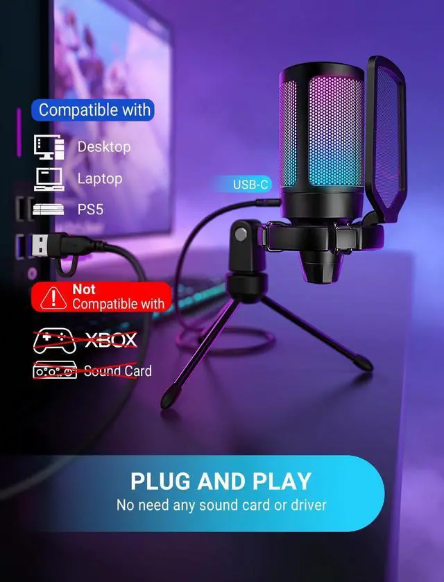 Alt view image 7 of 7 - FIFINE AmpliGame A6V USB Gaming Microphone, Condenser RGB Mic for Streaming | Quick Mute, RGB, Gain Control, Tripod Stand, Pop Filter, Shock Mount, for PC/PS5 Discord Twitch Podcasts Videos YouTube