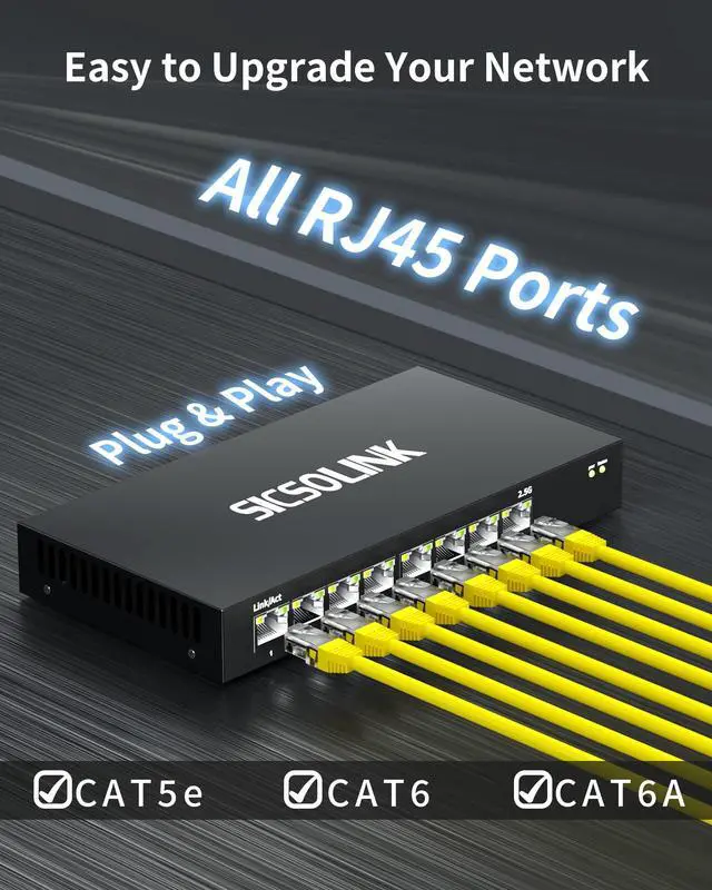 Alt view image 3 of 7 - SICSOLINK 8-Port 2.5G Unmanaged Ethernet Switch | 8×2.5G Base-T RJ45 Ports, 40Gbps Switching Capacity, Fanless Metal, Plug & Play for NAS, PC, Gaming, WiFi AP
