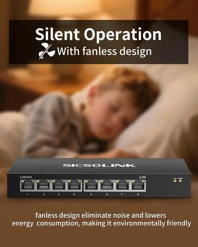 Alt view image 5 of 7 - SICSOLINK 8-Port 2.5G Unmanaged Ethernet Switch | 8×2.5G Base-T RJ45 Ports, 40Gbps Switching Capacity, Fanless Metal, Plug & Play for NAS, PC, Gaming, WiFi AP