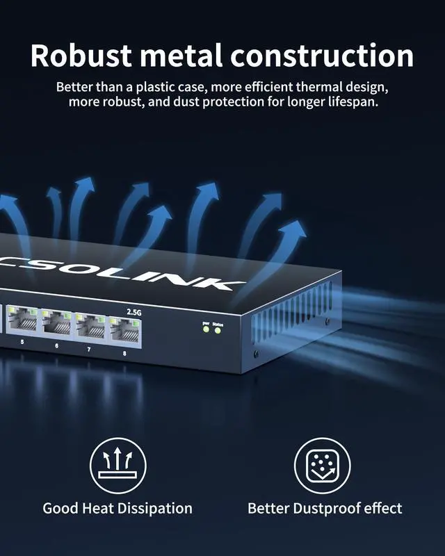 Alt view image 6 of 7 - SICSOLINK 8-Port 2.5G Unmanaged Ethernet Switch | 8×2.5G Base-T RJ45 Ports, 40Gbps Switching Capacity, Fanless Metal, Plug & Play for NAS, PC, Gaming, WiFi AP