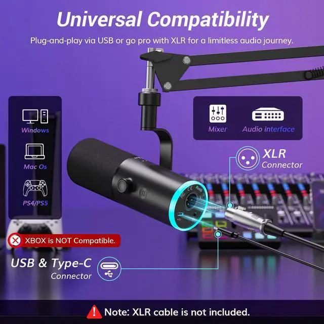 Alt view image 7 of 7 - TONOR Dynamic Gaming Microphone XLR/USB Mic with AI Noise Cancellation | Boom Arm Set, RGB, Tap Mute, 3.5mm Jack, Gain Control, Microfono for Content Creators, Black, TD510 AIR S H+