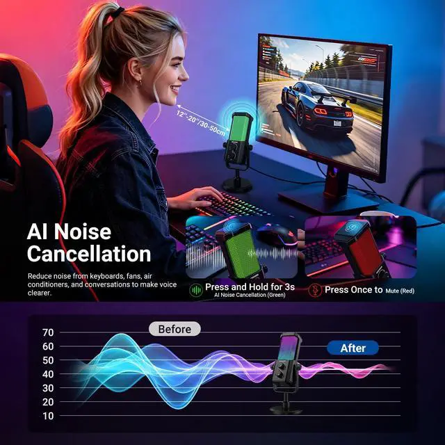 Alt view image 2 of 7 - NEEWER UM01 AI Noise Canceling USB Microphone, Plug & Play Cardioid RGB Condenser Mic Mute/Music Sync/App Control for Android Windows PC Mac PS4/5 Gaming Recording Streaming Podcasting Studio Computer