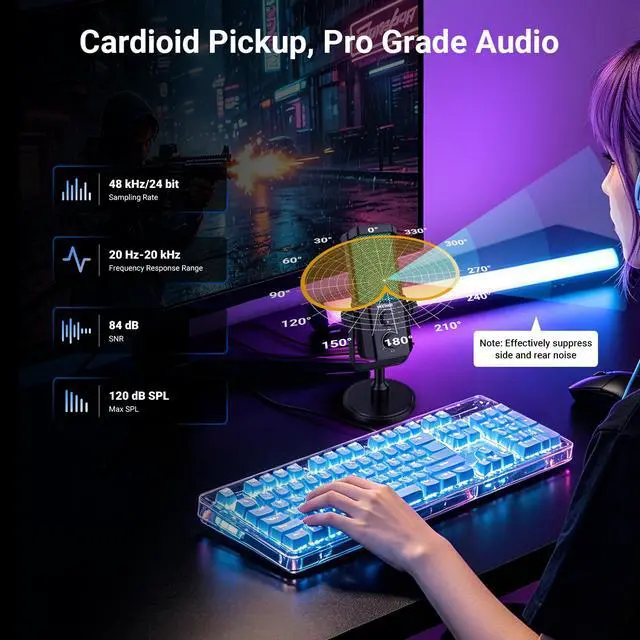 Alt view image 3 of 7 - NEEWER UM01 AI Noise Canceling USB Microphone, Plug & Play Cardioid RGB Condenser Mic Mute/Music Sync/App Control for Android Windows PC Mac PS4/5 Gaming Recording Streaming Podcasting Studio Computer