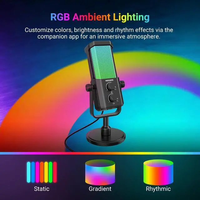Alt view image 4 of 7 - NEEWER UM01 AI Noise Canceling USB Microphone, Plug & Play Cardioid RGB Condenser Mic Mute/Music Sync/App Control for Android Windows PC Mac PS4/5 Gaming Recording Streaming Podcasting Studio Computer