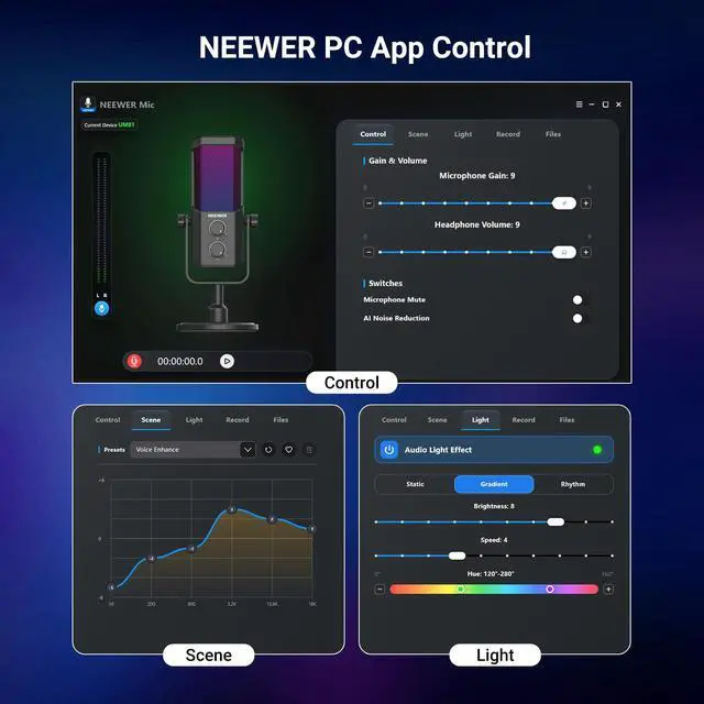 Alt view image 5 of 7 - NEEWER UM01 AI Noise Canceling USB Microphone, Plug & Play Cardioid RGB Condenser Mic Mute/Music Sync/App Control for Android Windows PC Mac PS4/5 Gaming Recording Streaming Podcasting Studio Computer