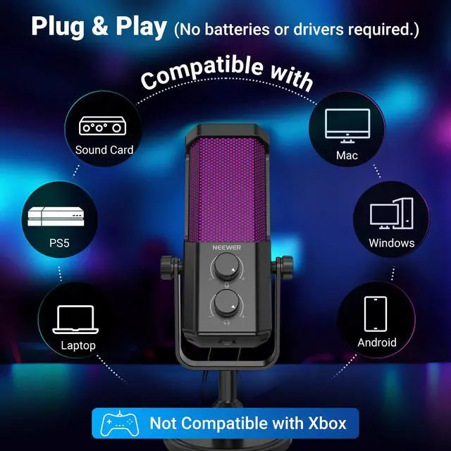 Alt view image 6 of 7 - NEEWER UM01 AI Noise Canceling USB Microphone, Plug & Play Cardioid RGB Condenser Mic Mute/Music Sync/App Control for Android Windows PC Mac PS4/5 Gaming Recording Streaming Podcasting Studio Computer
