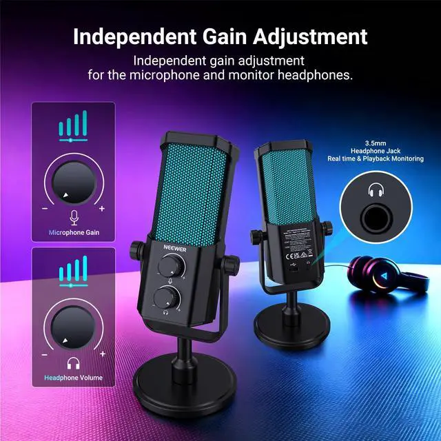 Alt view image 7 of 7 - NEEWER UM01 AI Noise Canceling USB Microphone, Plug & Play Cardioid RGB Condenser Mic Mute/Music Sync/App Control for Android Windows PC Mac PS4/5 Gaming Recording Streaming Podcasting Studio Computer