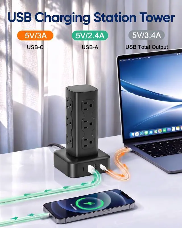 Alt view image 2 of 6 - Power Strip Tower with 12 AC Outlets & 4 USB Ports(2 USB C), 6FT Cord | 16-in-1 Flat Plug Charging Station Tower , 6FT Extension Cord for Home Office Dorm, Black