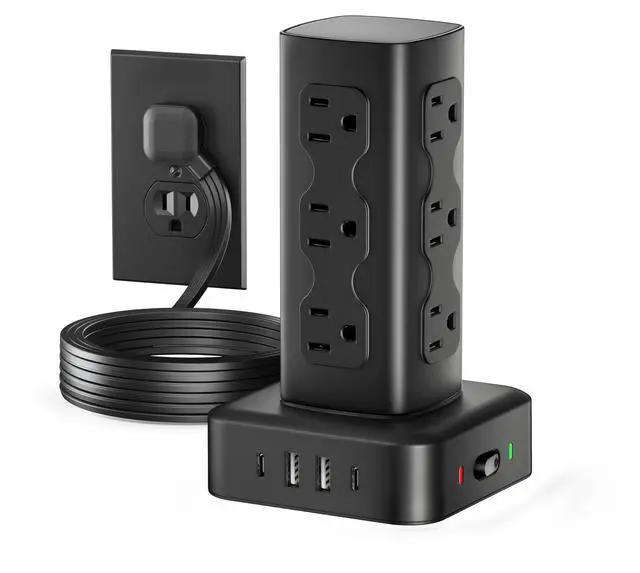 Main image of Power Strip Tower with 12 AC Outlets & 4 USB Ports(2 USB C), 6FT Cord | 16-in-1 Flat Plug Charging Station Tower , 6FT Extension Cord for Home Office Dorm, Black