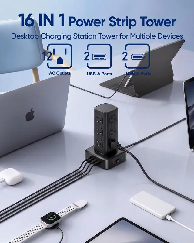 Alt view image 3 of 6 - Power Strip Tower with 12 AC Outlets & 4 USB Ports(2 USB C), 6FT Cord | 16-in-1 Flat Plug Charging Station Tower , 6FT Extension Cord for Home Office Dorm, Black