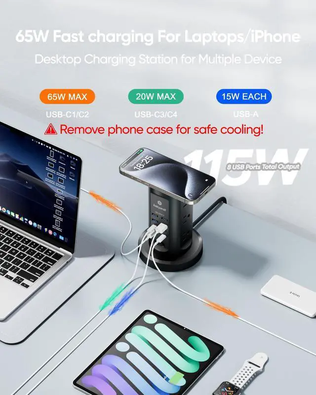 Alt view image 3 of 7 - Kakyanill 115W USB Charging Station, Power Strip Tower with 9 AC 8 USB | 6Ft Flat Plug Retractable Extension Cord, for Home Office Dorm, Black