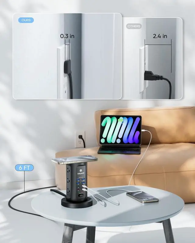 Alt view image 7 of 7 - Kakyanill 115W USB Charging Station, Power Strip Tower with 9 AC 8 USB | 6Ft Flat Plug Retractable Extension Cord, for Home Office Dorm, Black