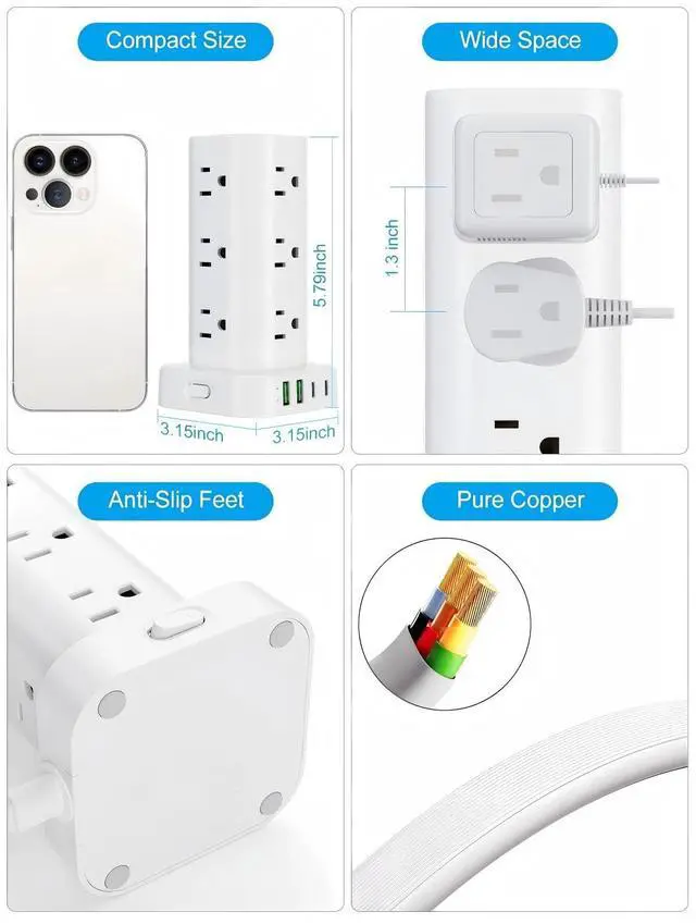Alt view image 7 of 7 - Power Strip Tower with Wireless Charger, Flat Plug Surge Protector Tower with 6FT Extension Cord, 12 AC Multiple Outlets, 4 USB (2 USB C),15W Wireless Charging Power Tower for Home Office Dorm, White
