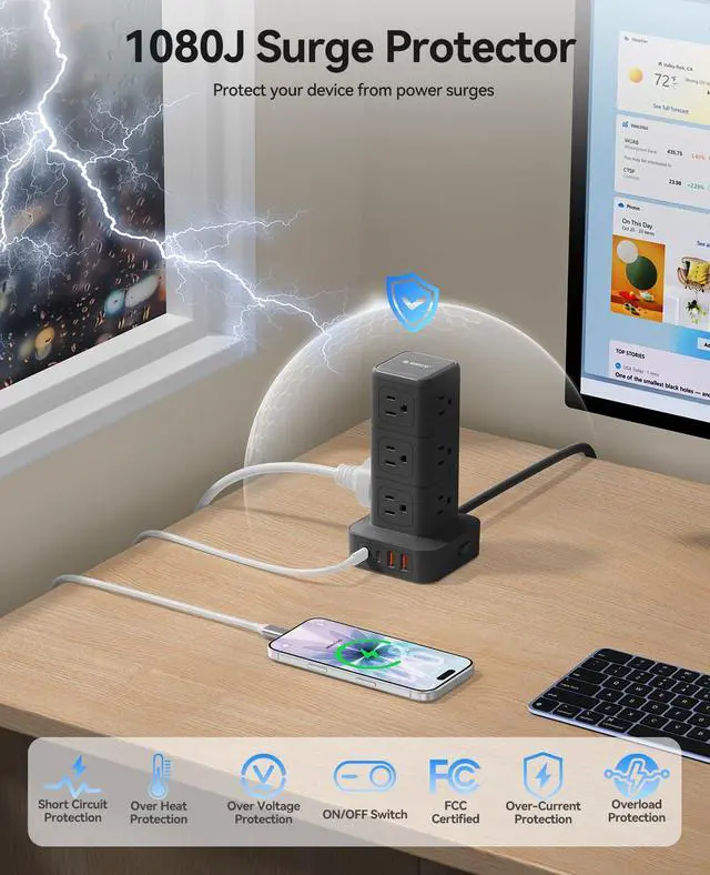 Alt view image 2 of 7 - ORICO 10FT Extension Cord with 12 AC Outlets 4 USB, Surge Protetctor Power | Power Strip Tower, Outlet Extender, 20W Fast Charge Desk Accessories for Home Office Dorm