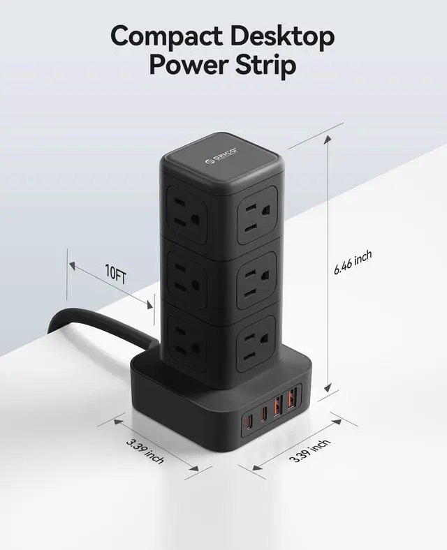 Alt view image 5 of 7 - ORICO 10FT Extension Cord with 12 AC Outlets 4 USB, Surge Protetctor Power | Power Strip Tower, Outlet Extender, 20W Fast Charge Desk Accessories for Home Office Dorm