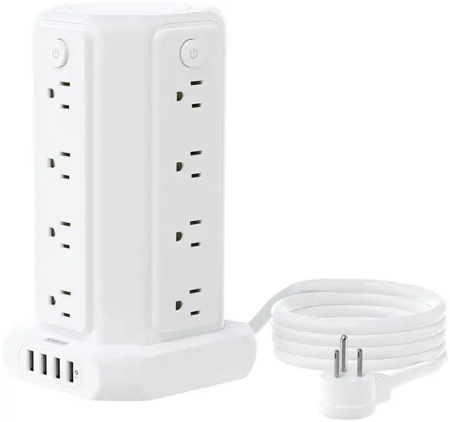 Main image of 10 FT Extension Cord Power Strip Tower, 16 Widely Outlets 1875W 15A, Flat Plug Surge Protector with 4 USB Ports, Individual Switches, 1080 Joules, Overload Protection for Home Office Desktop, White