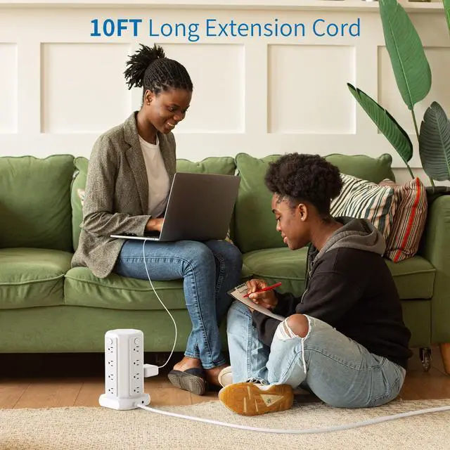 Alt view image 3 of 7 - 10 FT Extension Cord Power Strip Tower, 16 Widely Outlets 1875W 15A, Flat Plug Surge Protector with 4 USB Ports, Individual Switches, 1080 Joules, Overload Protection for Home Office Desktop, White