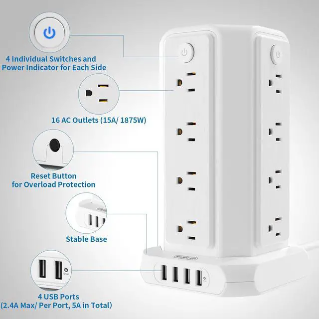 Alt view image 2 of 7 - 10 FT Extension Cord Power Strip Tower, 16 Widely Outlets 1875W 15A, Flat Plug Surge Protector with 4 USB Ports, Individual Switches, 1080 Joules, Overload Protection for Home Office Desktop, White