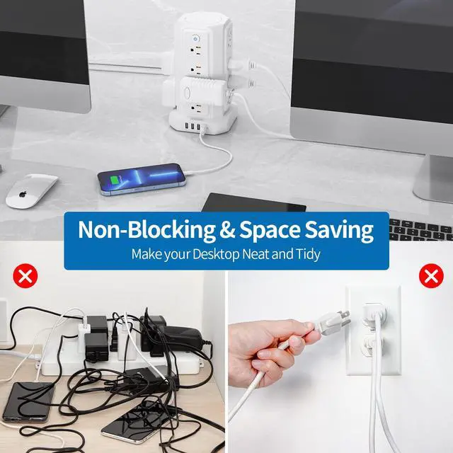 Alt view image 4 of 7 - 10 FT Extension Cord Power Strip Tower, 16 Widely Outlets 1875W 15A, Flat Plug Surge Protector with 4 USB Ports, Individual Switches, 1080 Joules, Overload Protection for Home Office Desktop, White