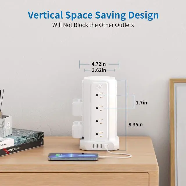 Alt view image 7 of 7 - 10 FT Extension Cord Power Strip Tower, 16 Widely Outlets 1875W 15A, Flat Plug Surge Protector with 4 USB Ports, Individual Switches, 1080 Joules, Overload Protection for Home Office Desktop, White