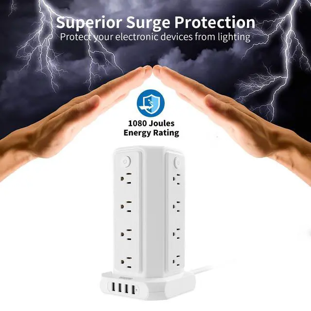 Alt view image 6 of 7 - 10 FT Extension Cord Power Strip Tower, 16 Widely Outlets 1875W 15A, Flat Plug Surge Protector with 4 USB Ports, Individual Switches, 1080 Joules, Overload Protection for Home Office Desktop, White